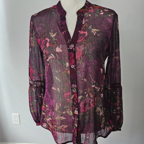 KUT from the KLOTH purple BLOUSE top FLORAL l/s SHEER hi-low BUTTONS - Picture 11 of 12